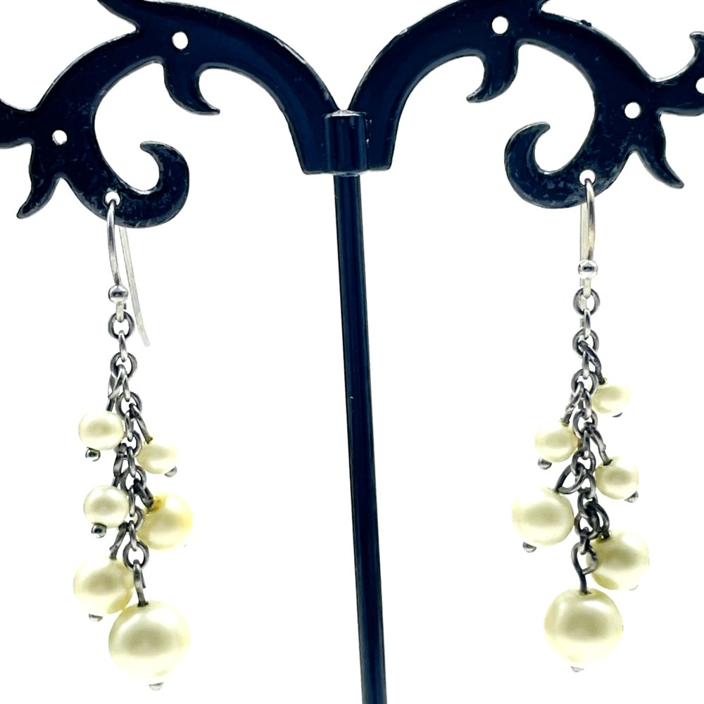 Beaded Dangle Drop Pierced Earrings Faux Pearl Silver Tone Cluster Boho